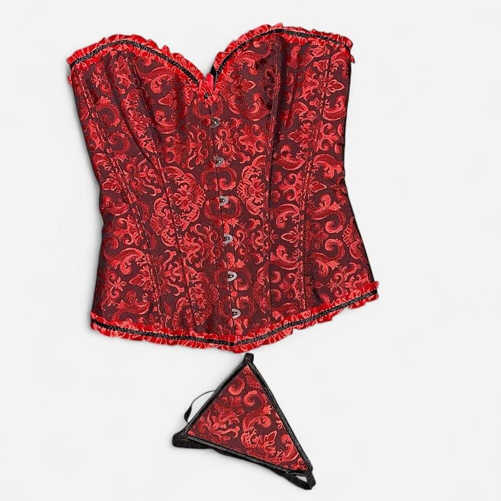 Red Black Overbust Whimsigoth Ruffled Ribbon Corset G-String Set - Size Medium